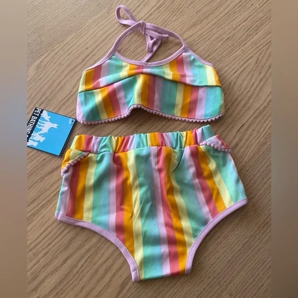 🆕Stripped Multicolor Woof Bathing Suit for Dogs S🆕 - Picture 4 of 8